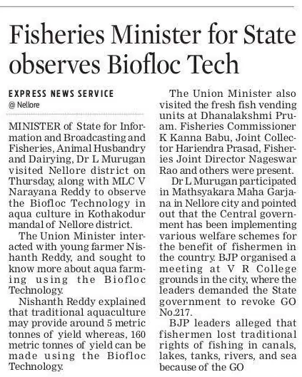 Express clipping: Fisheries Minister for State observes Biofloc Tech