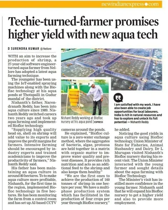 The New Indian Express clipping: Techie-turned-farmer promises higher yield with new aqua tech