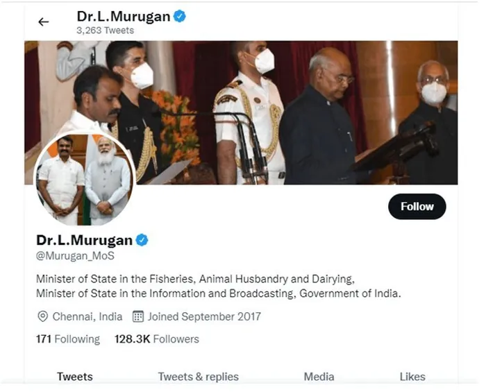 Official X profile of Dr. L. Murugan: Minister of State for Fisheries, Animal Husbandry and Dairying, Government of India, verified