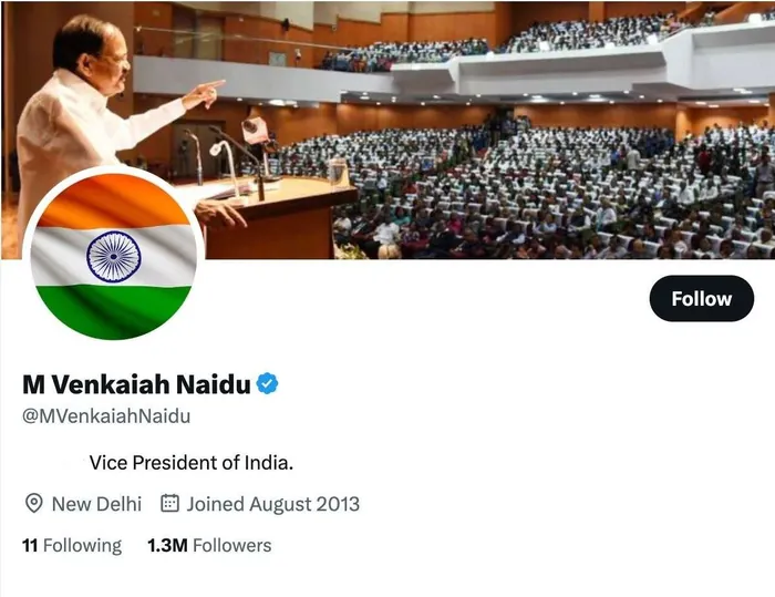 Official X profile of M Venkaiah Naidu: Vice President of India, verified, 1.3M followers